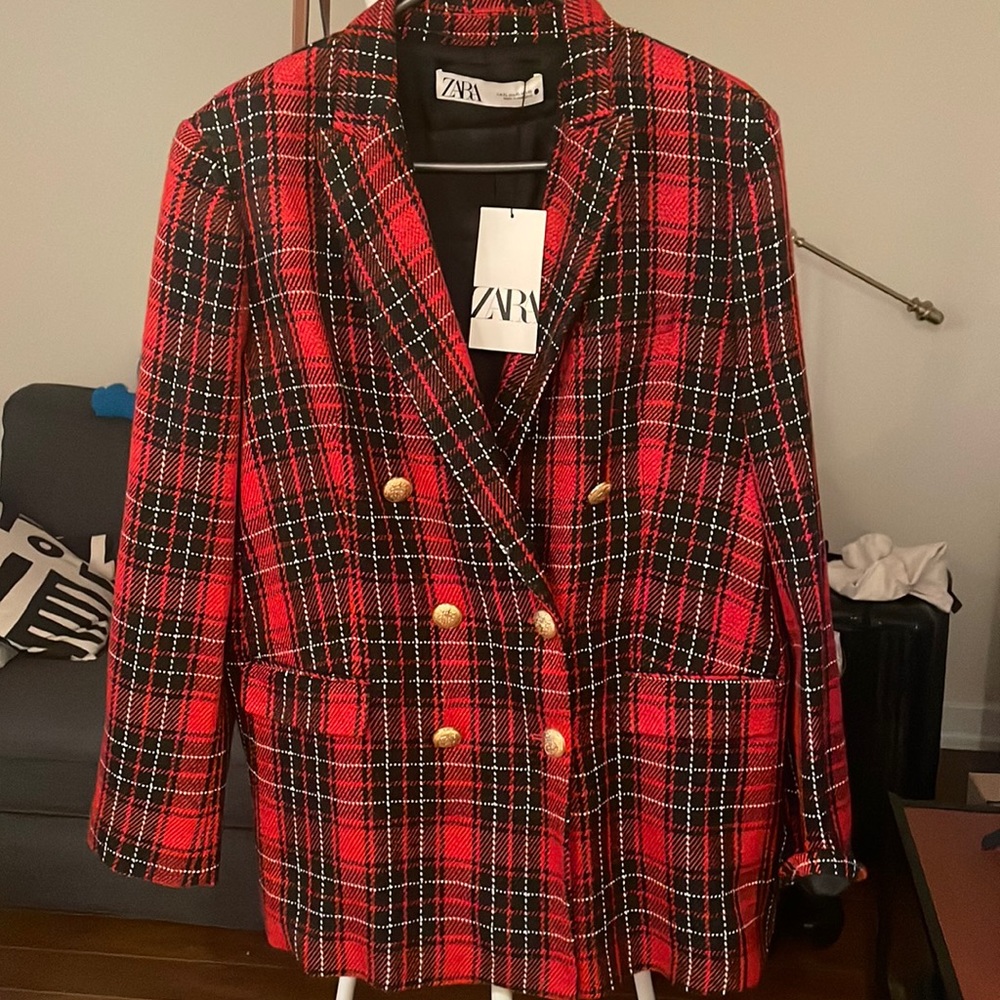 Zara Red & Black Plaid Double-Breasted Blazer with Gold Buttons